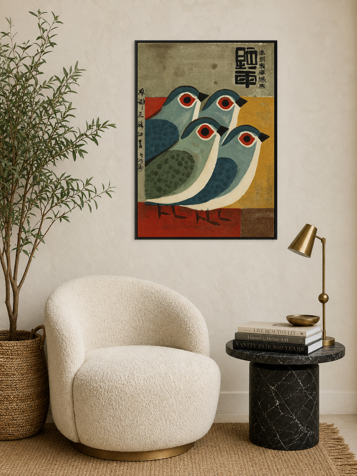 Mid-Century Japanese Birds Wall Art Print - black framed