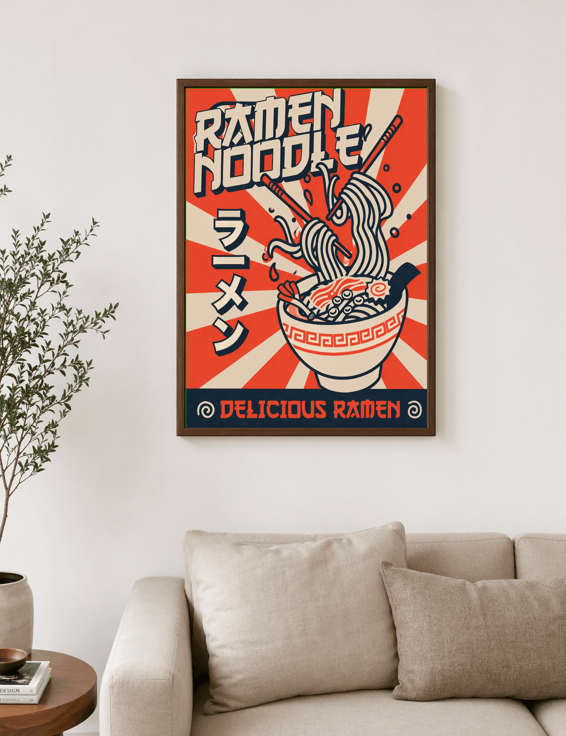 Retro Ramen Noodle Wall Art Print - dark wood framed