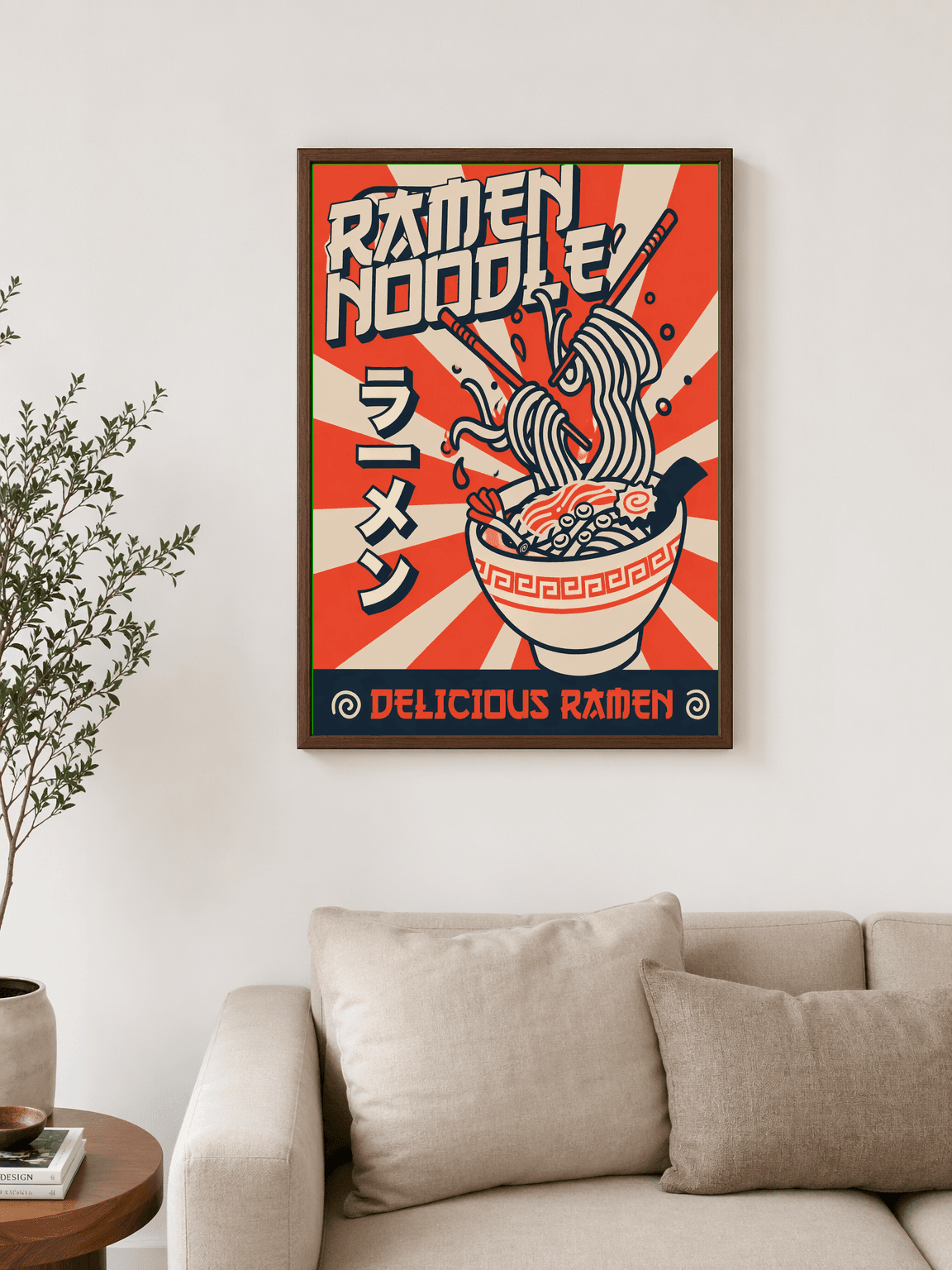 Retro Ramen Noodle Wall Art Print - dark wood framed