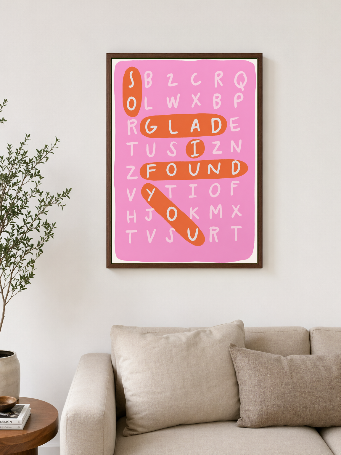 Playful Word Search Wall Art Print - dark wood framed