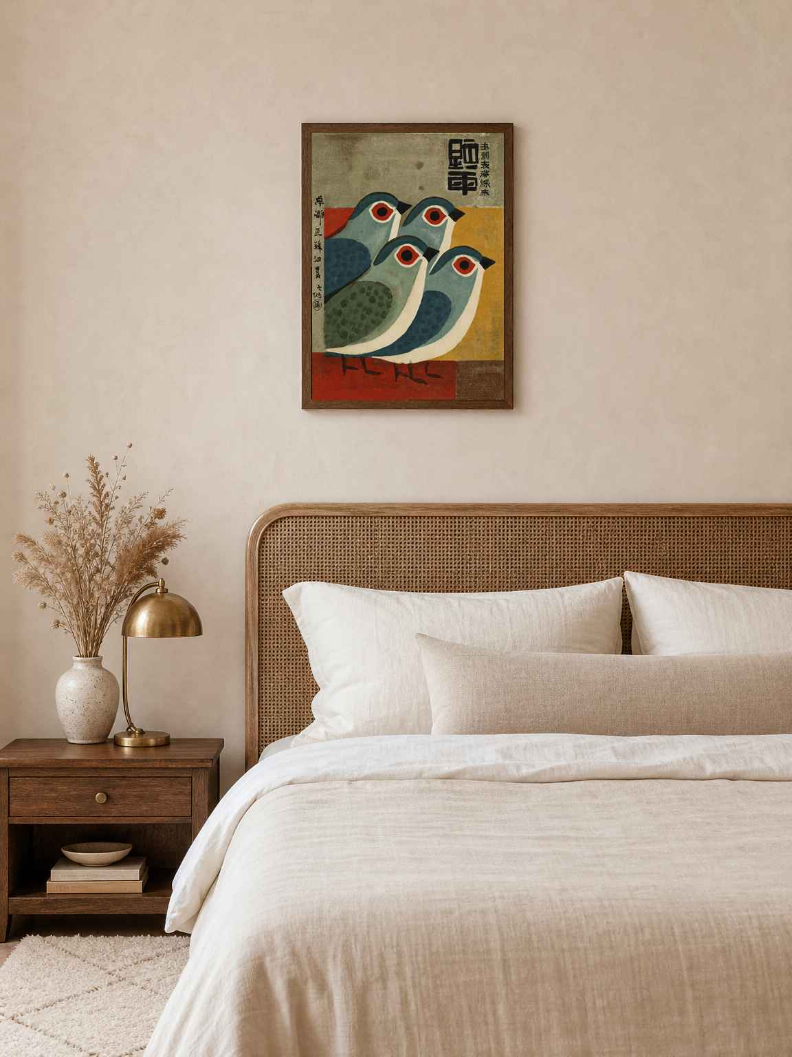 Mid-Century Japanese Birds Wall Art Print - dark wood framed