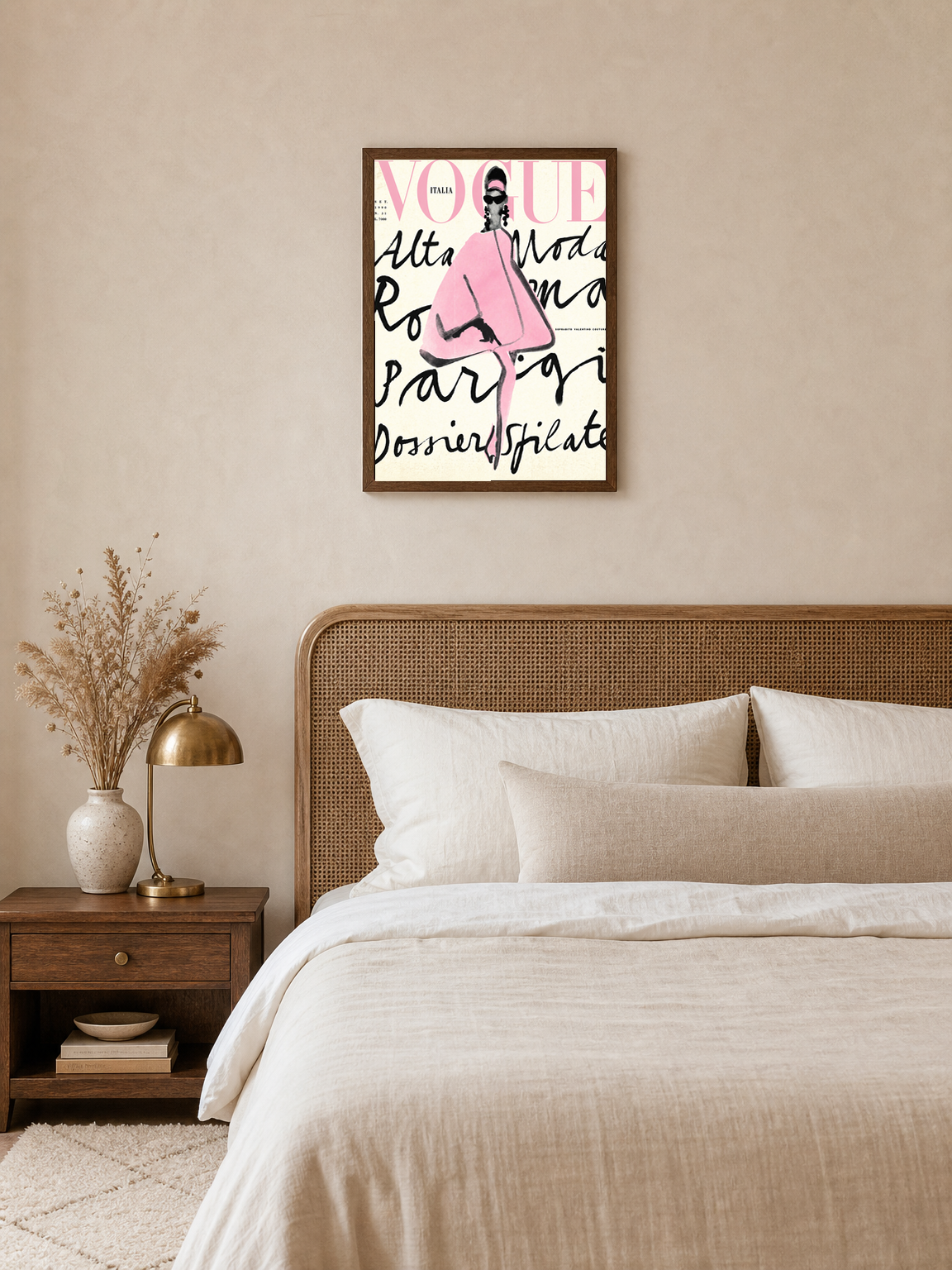 Pink Vogue Italia Fashion Wall Art Print - dark wood framed