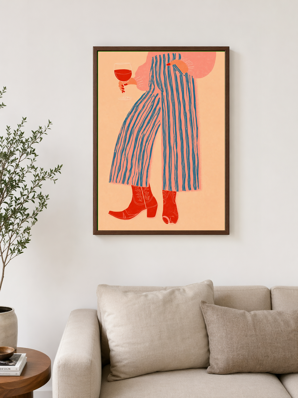 Cowgirl Wine Lover Wall Art Print - dark wood framed