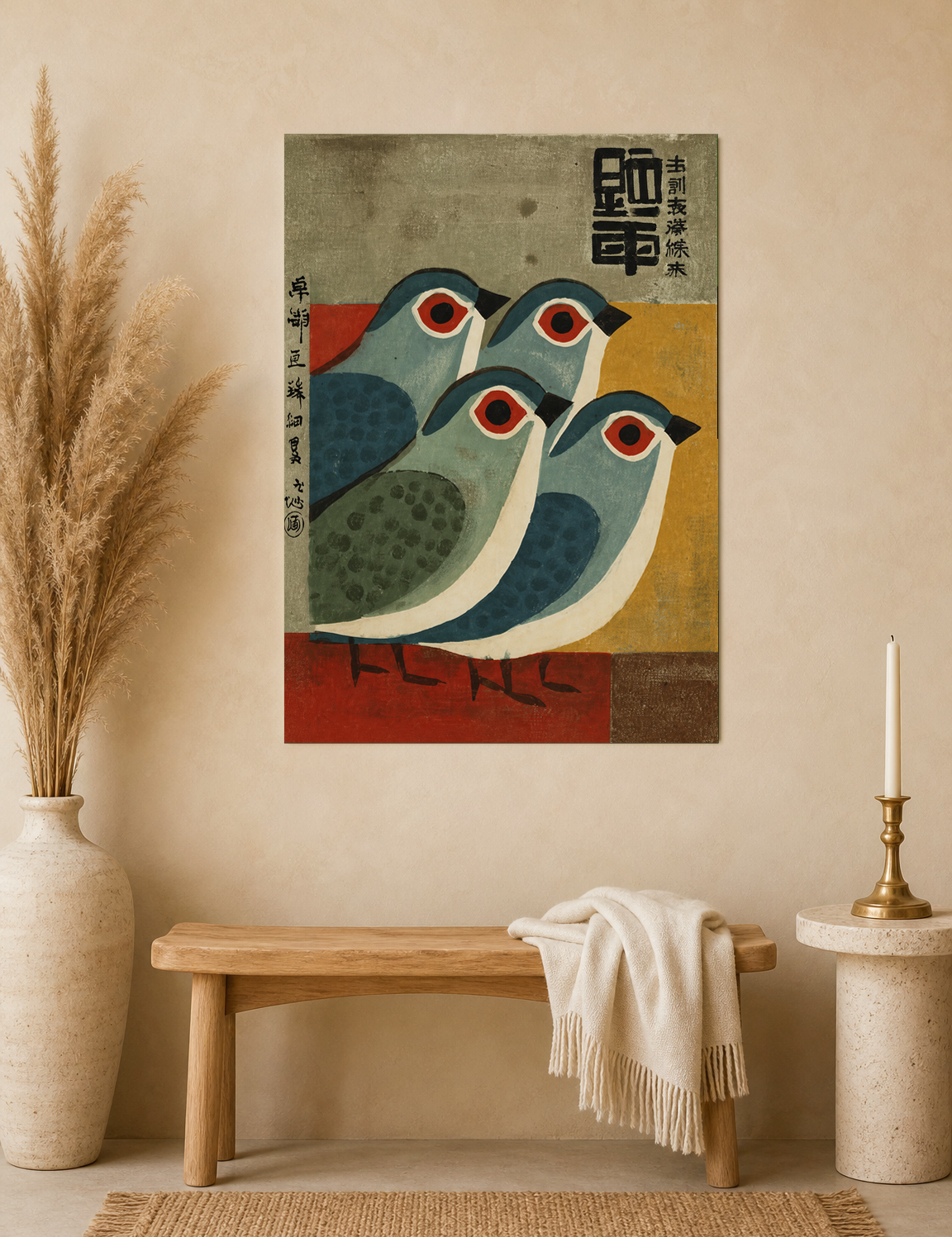 Mid-Century Japanese Birds Wall Art Print - unframed mockup