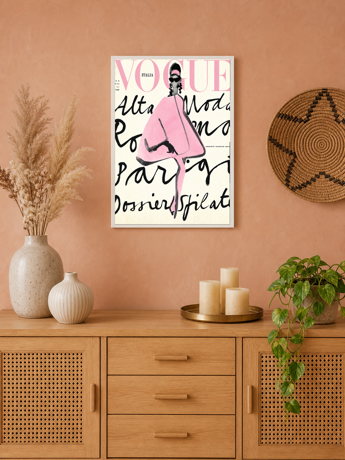 Pink Vogue Italia Fashion Wall Art Print - white framed