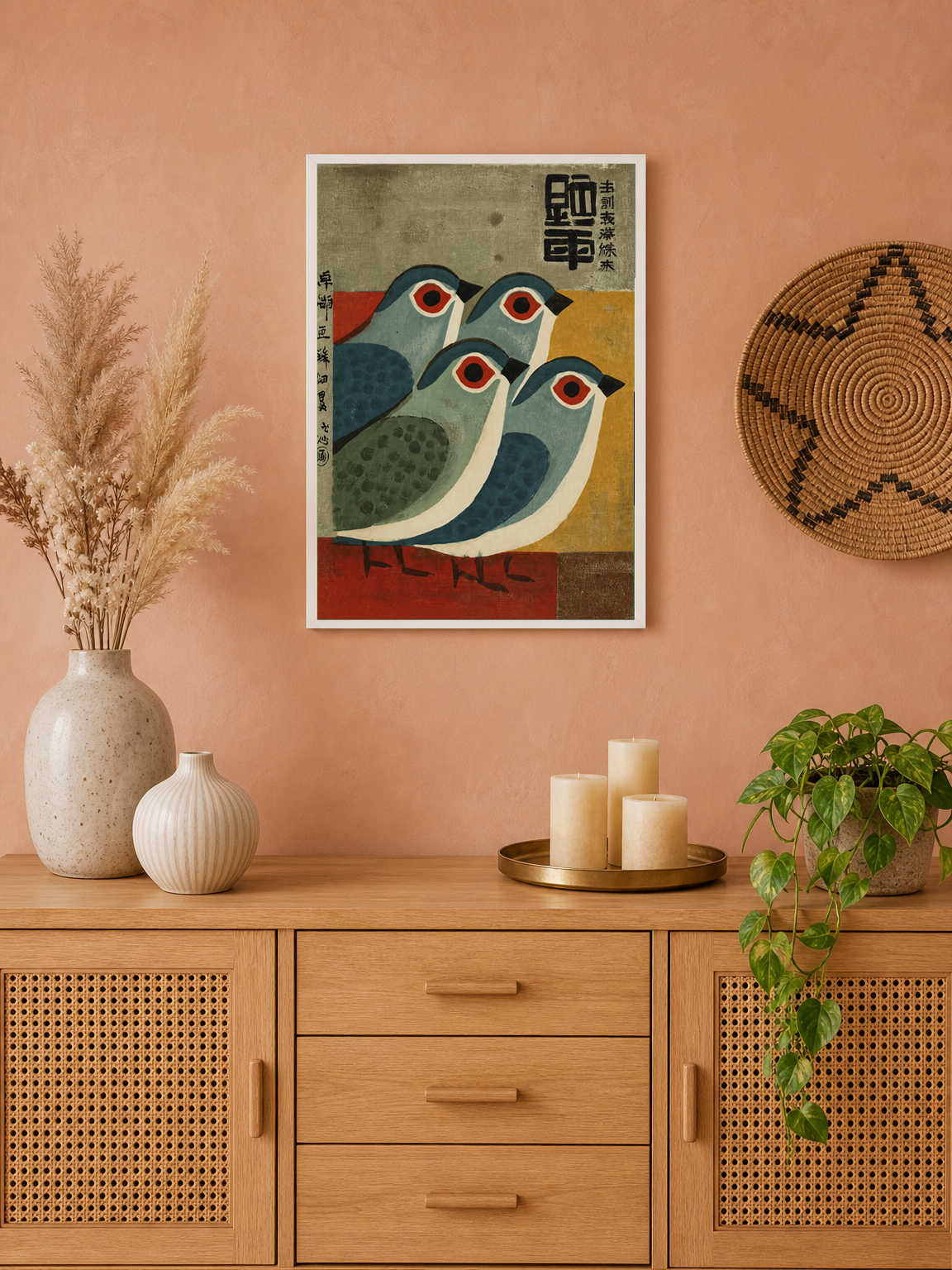 Mid-Century Japanese Birds Wall Art Print - white framed
