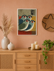 Mid-Century Japanese Birds Wall Art Print - white framed