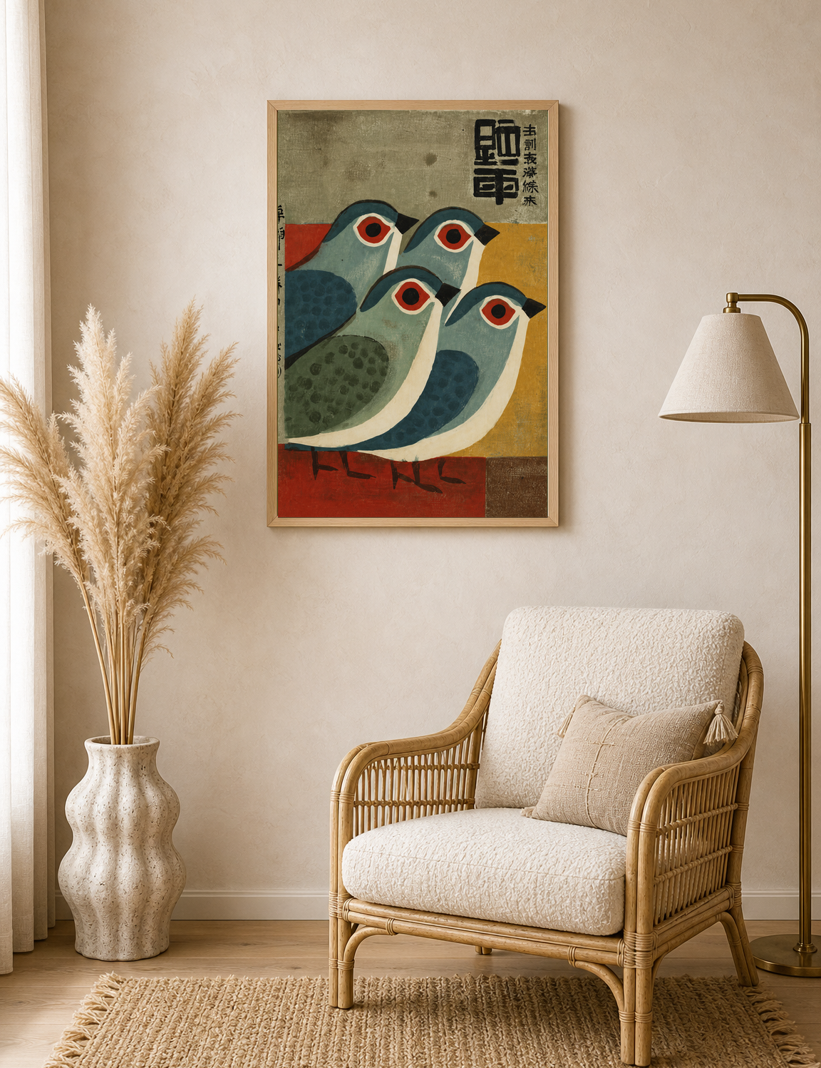Mid-Century Japanese Birds Wall Art Print - wood framed poster