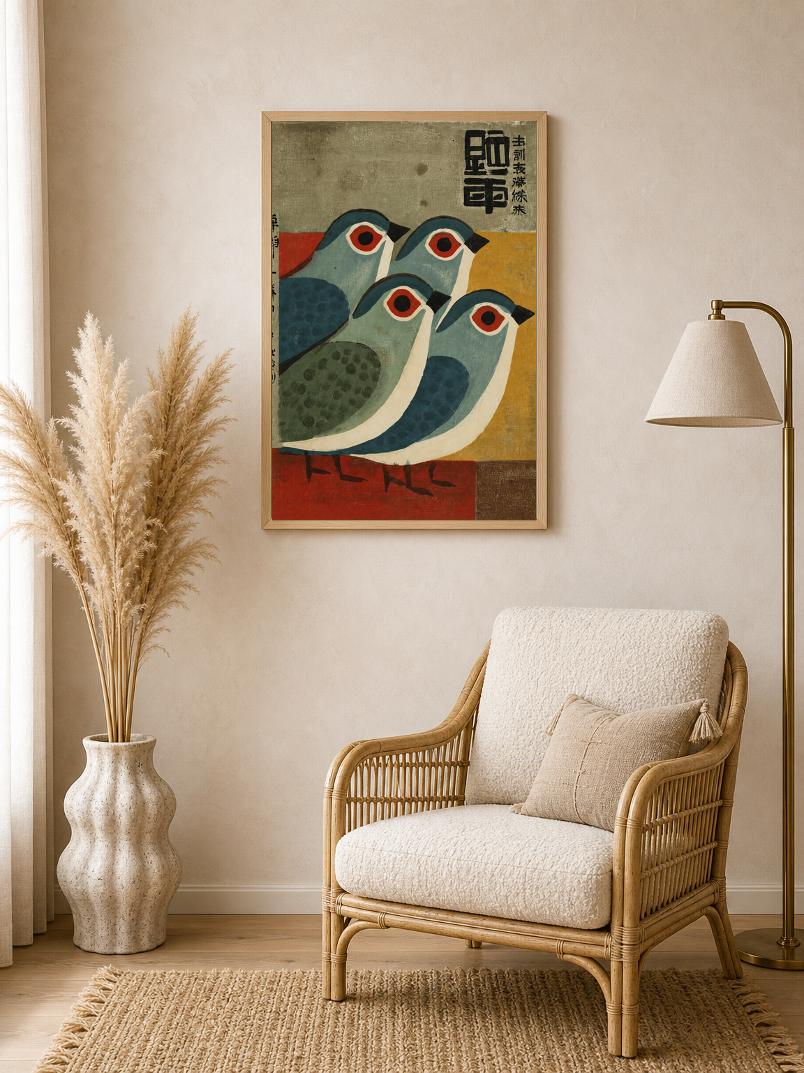 Mid-Century Japanese Birds Wall Art Print - wood framed poster