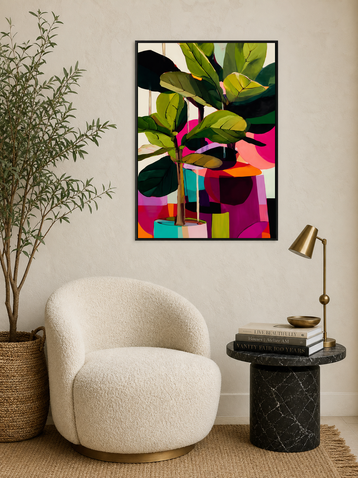 Colorful Abstract Fiddle Leaf Fig Wall Art Print - black framed
