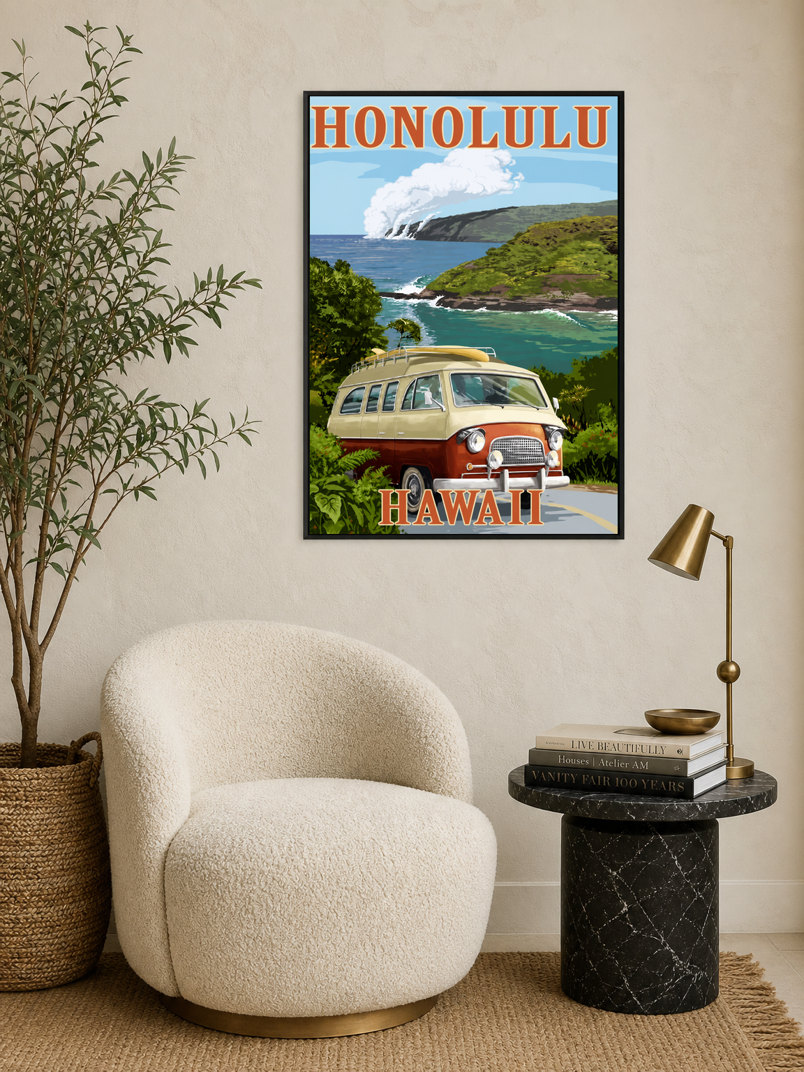 Honolulu Hawaii Van Coastal Wall Art Print - black framed