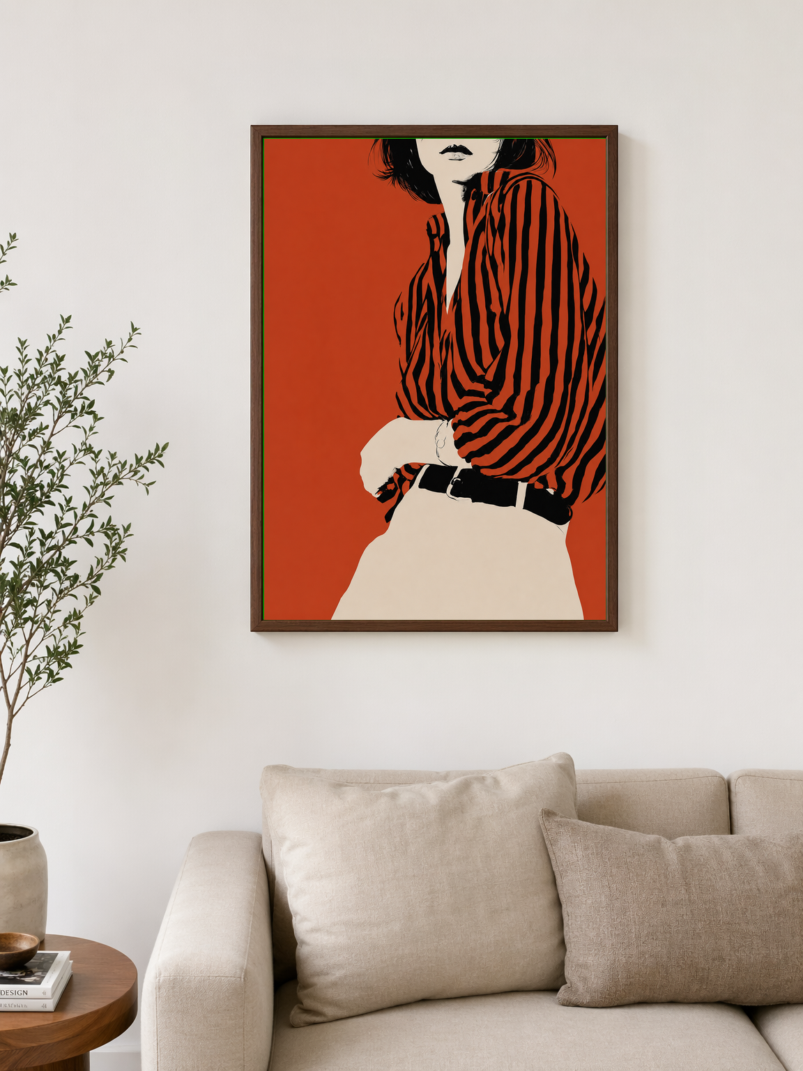 Minimalist Striped Shirt Fashion Wall Art Print - dark wood framed