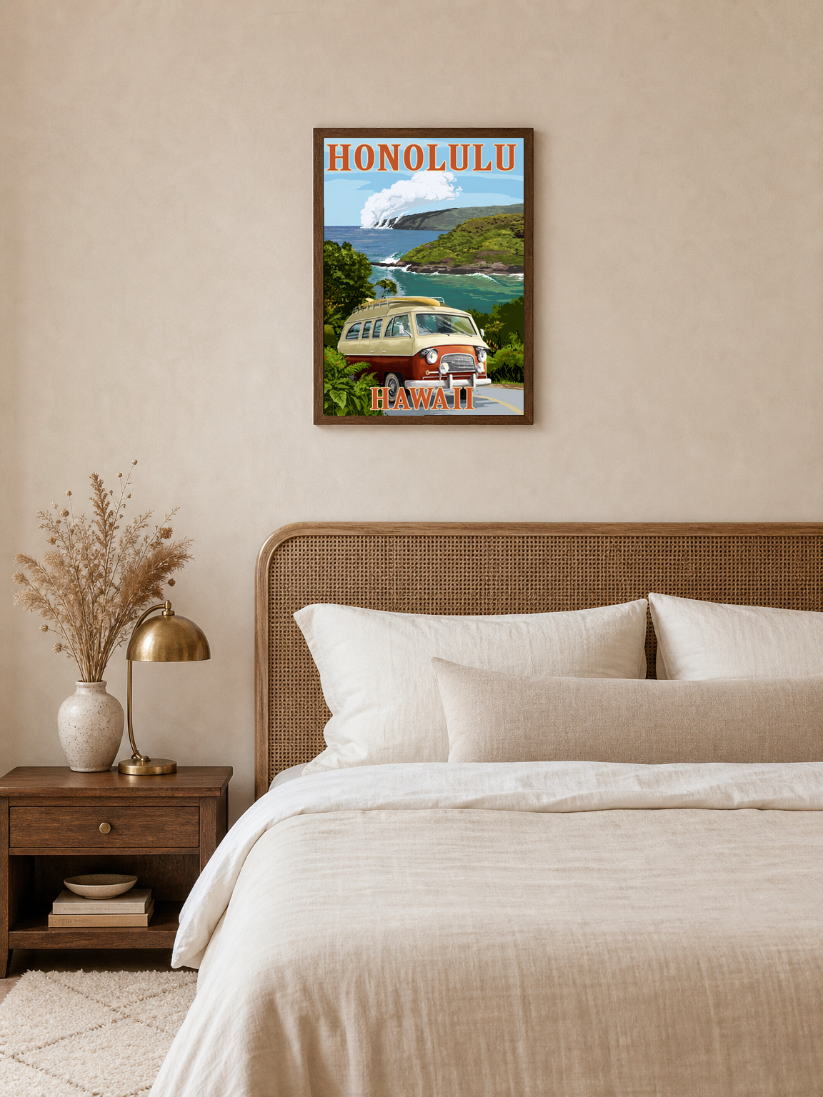 Honolulu Hawaii Van Coastal Wall Art Print - dark wood framed
