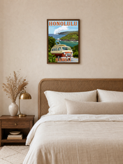Honolulu Hawaii Van Coastal Wall Art Print - dark wood framed