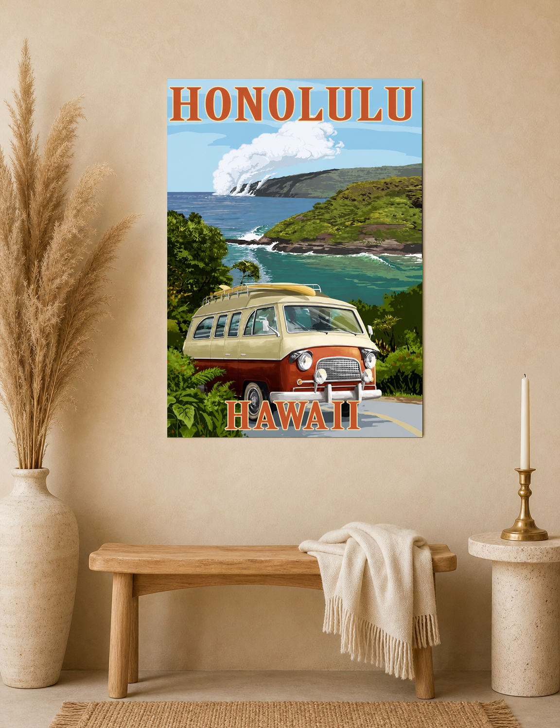 Honolulu Hawaii Van Coastal Wall Art Print - unframed mockup