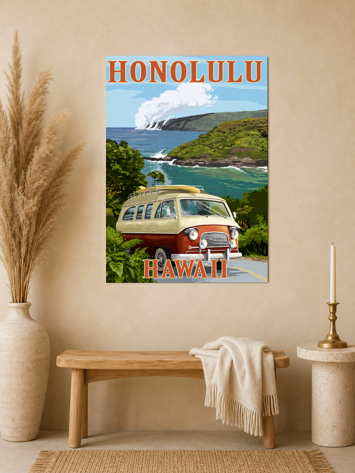 Honolulu Hawaii Van Coastal Wall Art Print - unframed mockup