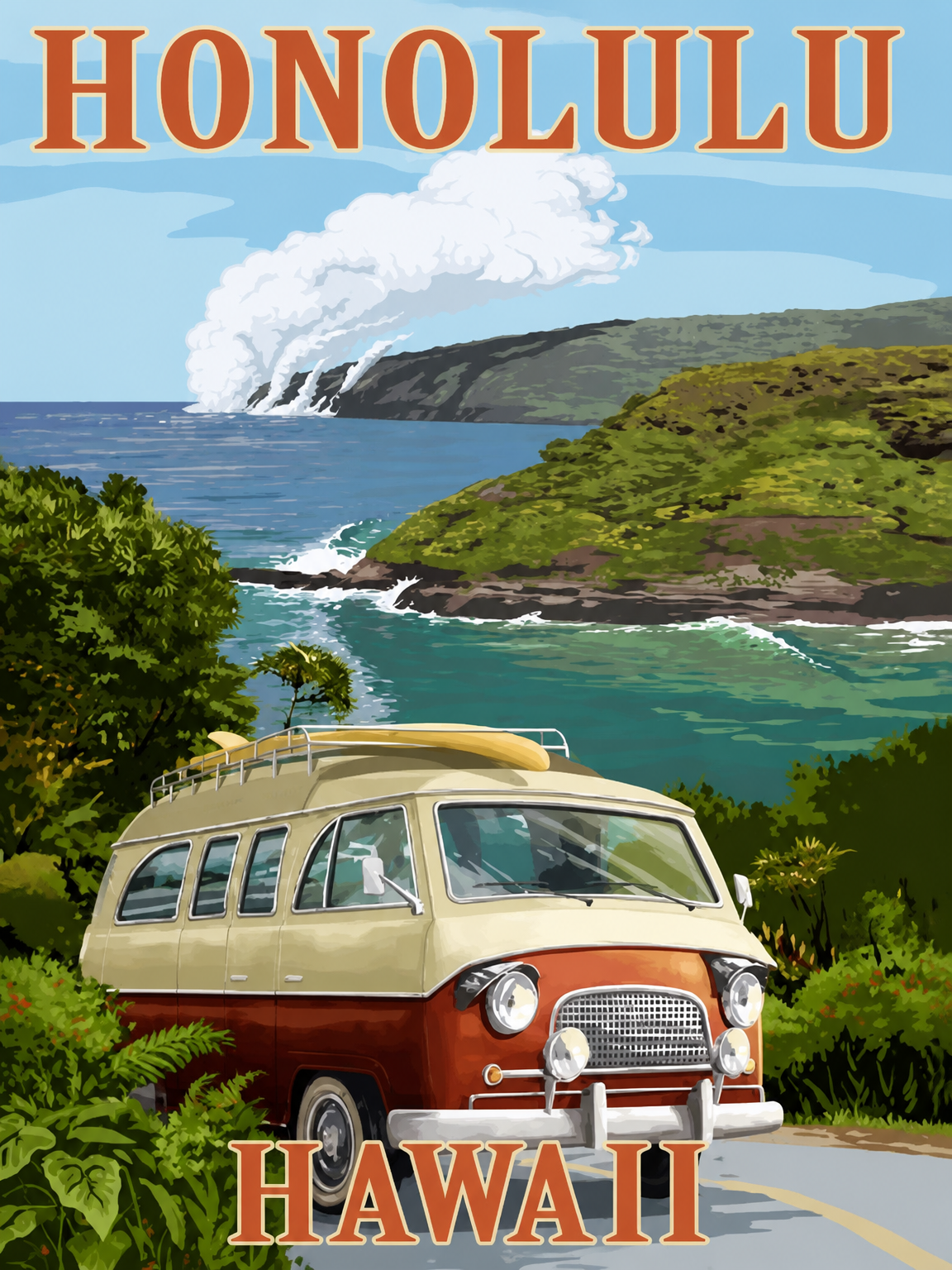 Honolulu Hawaii Van Coastal Wall Art Print - unframed