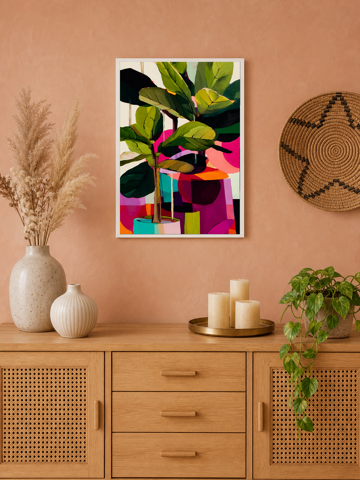 Colorful Abstract Fiddle Leaf Fig Wall Art Print - white framed