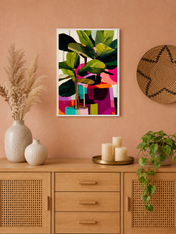 Colorful Abstract Fiddle Leaf Fig Wall Art Print - white framed