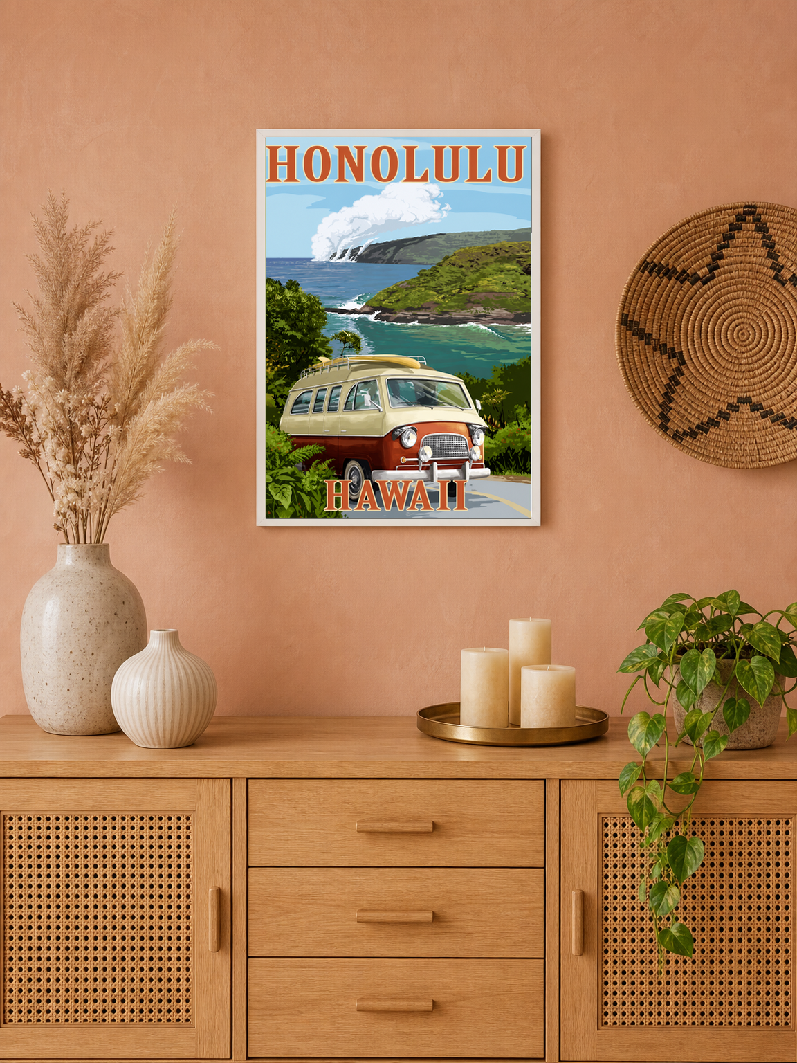 Honolulu Hawaii Van Coastal Wall Art Print - white framed
