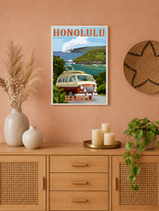 Honolulu Hawaii Van Coastal Wall Art Print - white framed