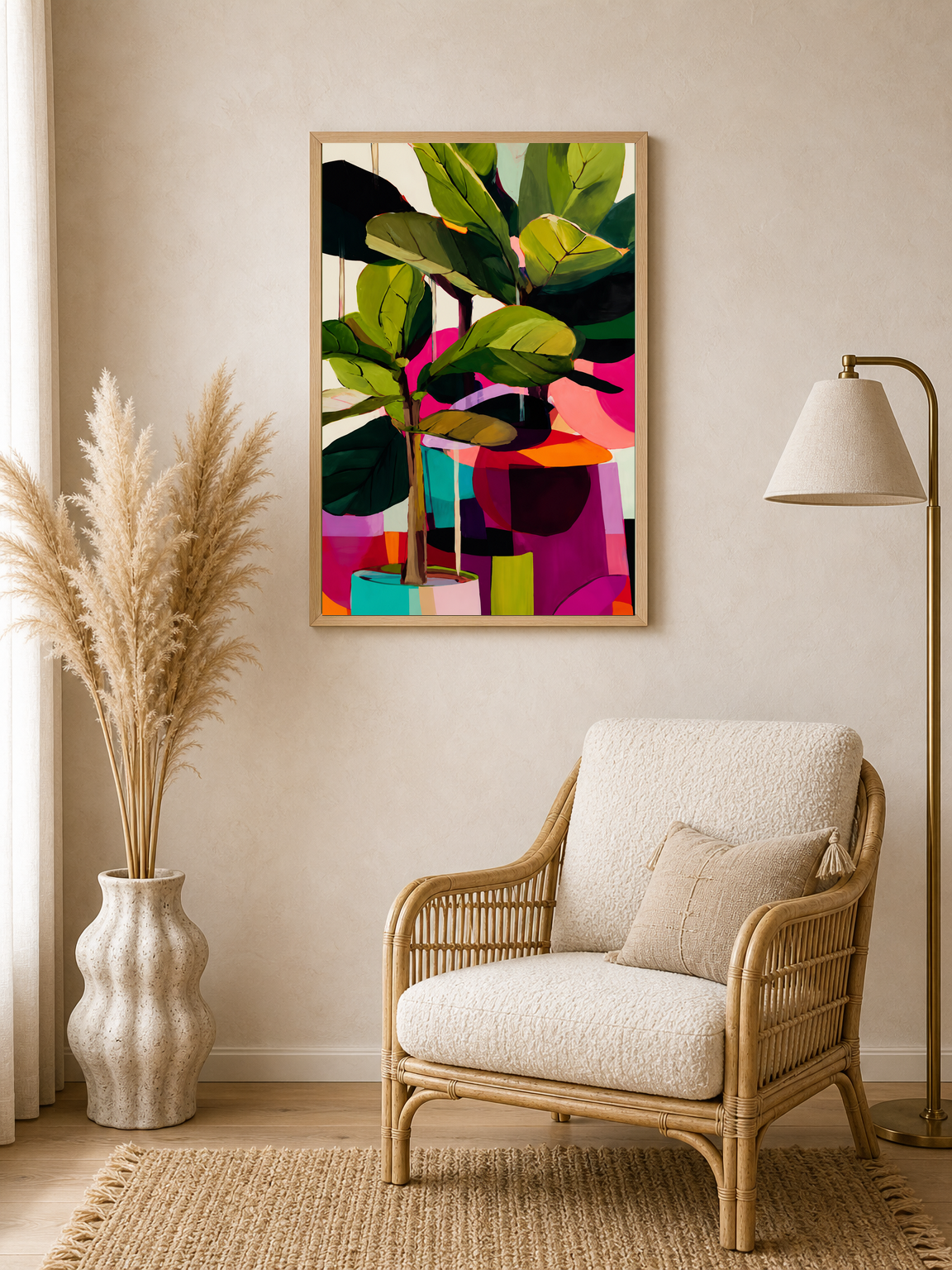 Colorful Abstract Fiddle Leaf Fig Wall Art Print - wood framed poster