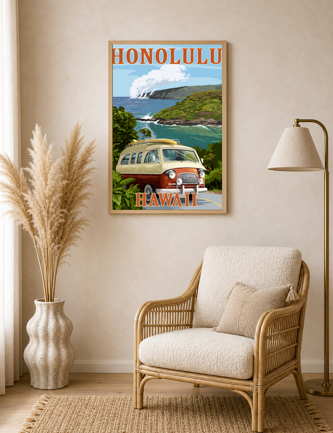 Honolulu Hawaii Van Coastal Wall Art Print - wood framed poster