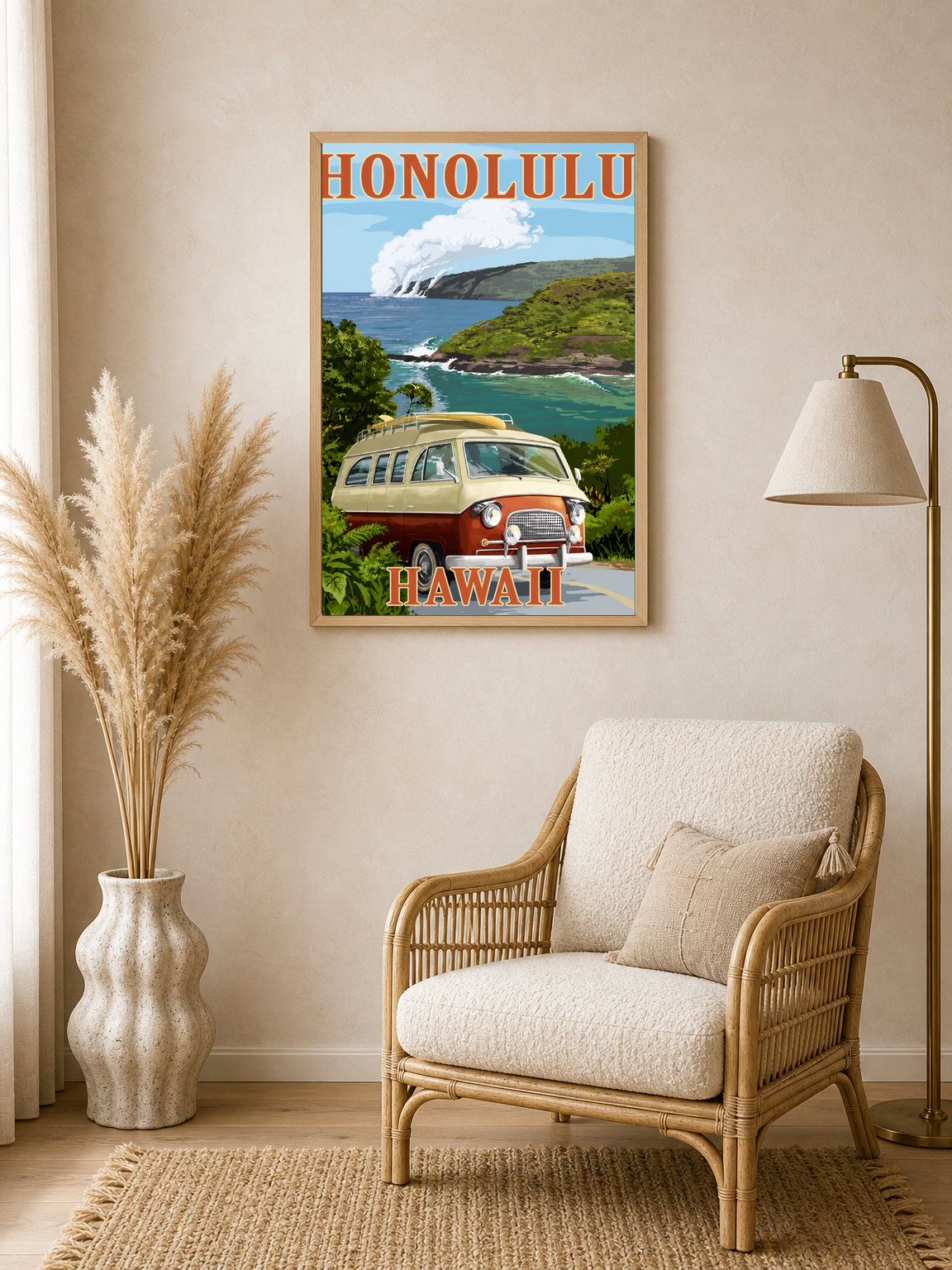 Honolulu Hawaii Van Coastal Wall Art Print - wood framed poster