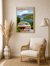 Honolulu Hawaii Van Coastal Wall Art Print - wood framed poster