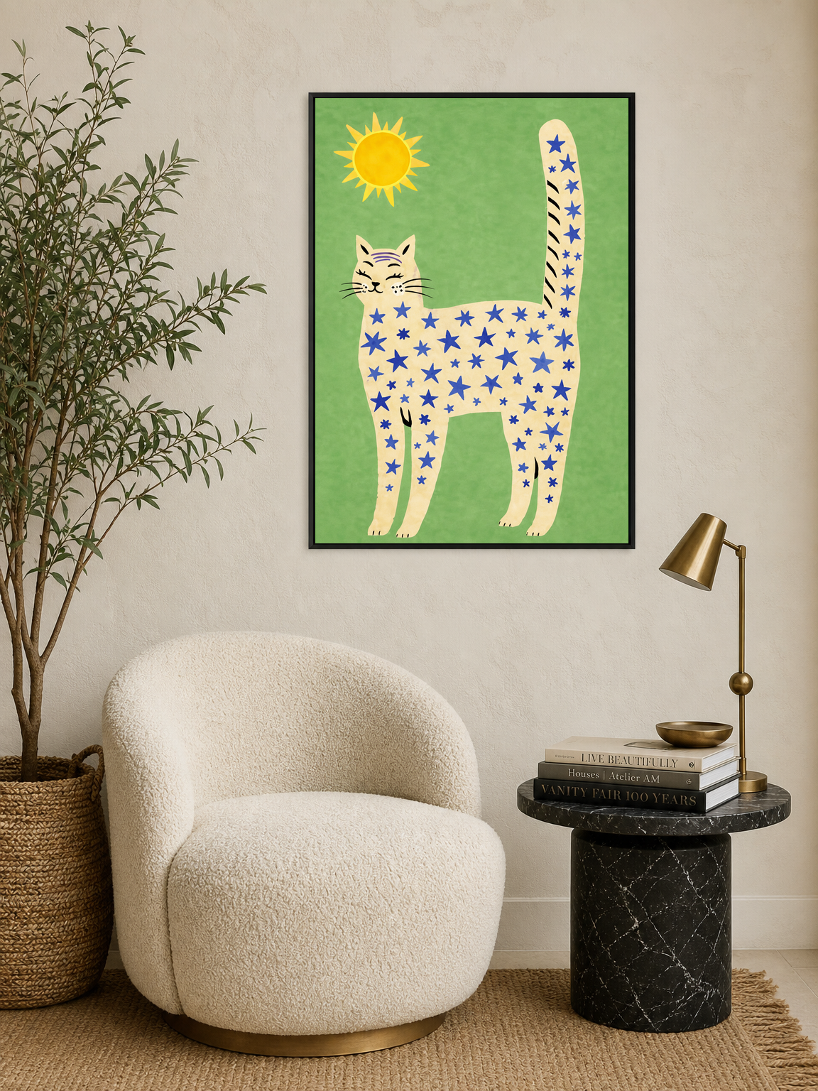 Whimsical Starry Cat Wall Art Print - black framed