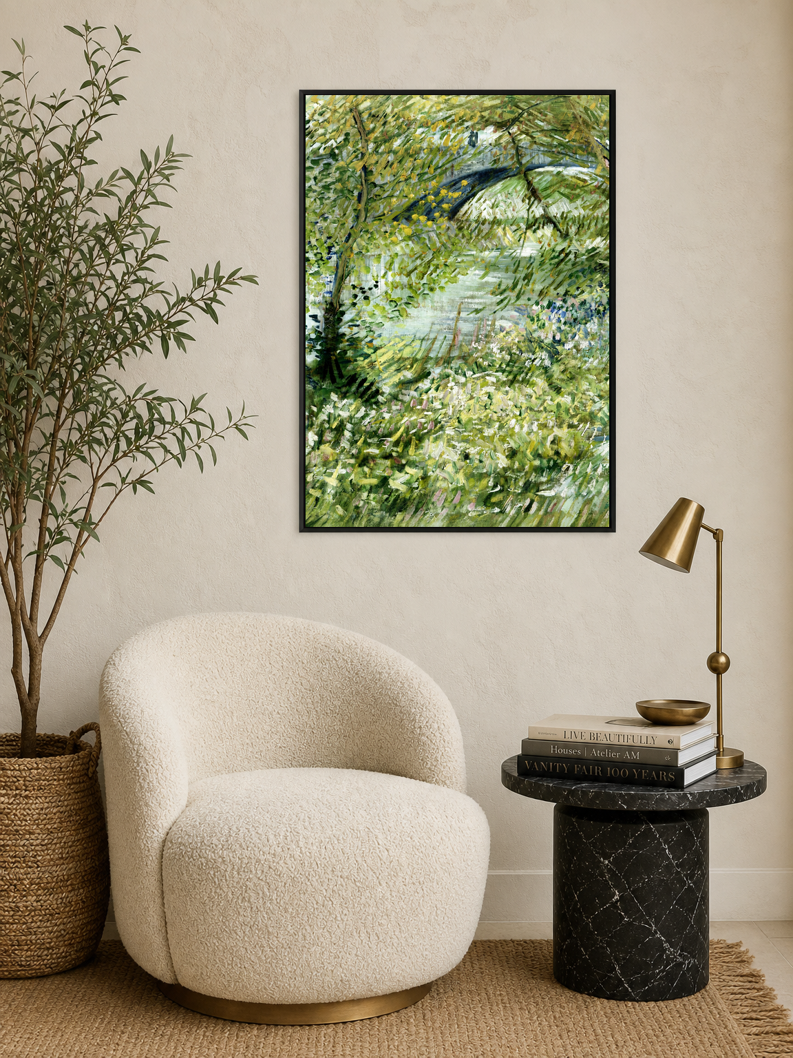 Lush Riverside Landscape Wall Art Print - black framed