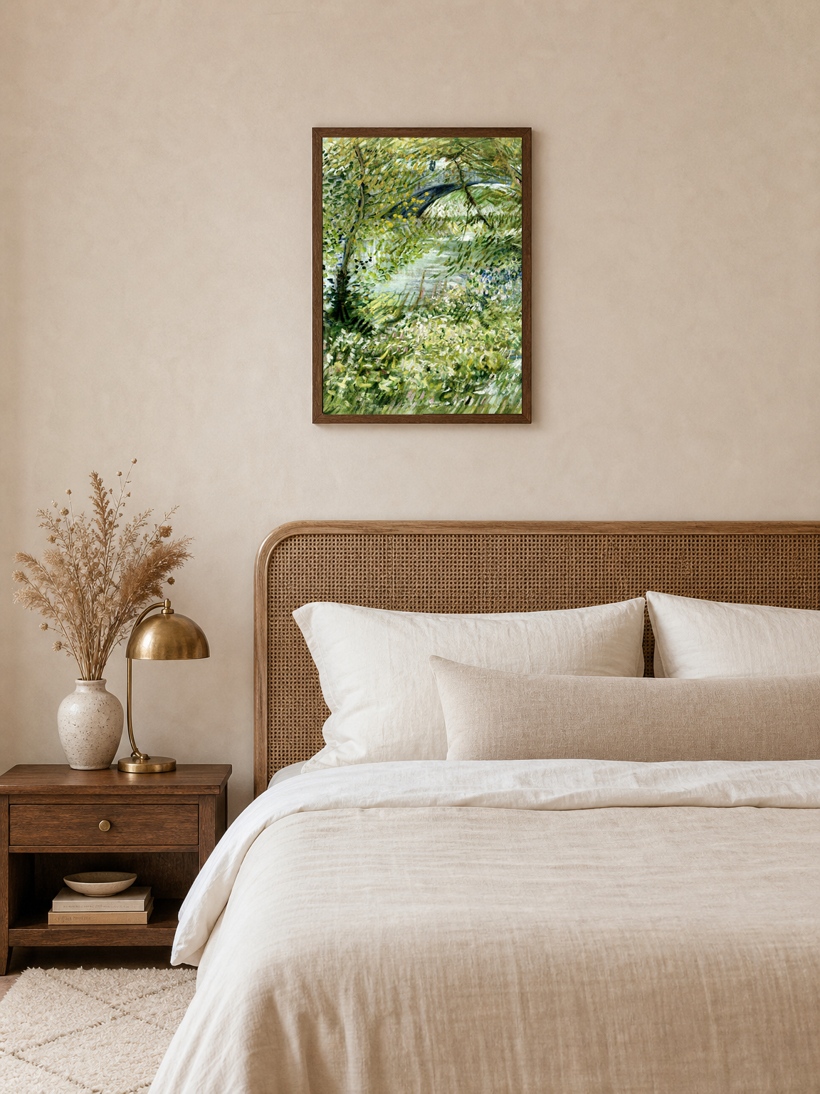 Lush Riverside Landscape Wall Art Print - dark wood framed