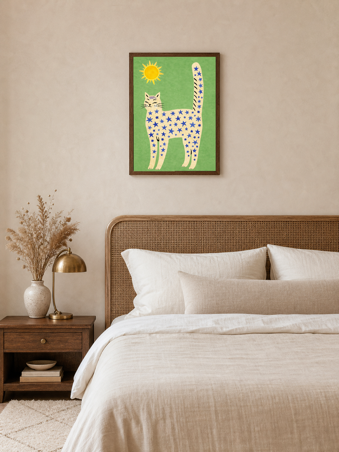 Whimsical Starry Cat Wall Art Print - dark wood framed