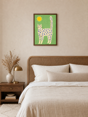 Whimsical Starry Cat Wall Art Print - dark wood framed