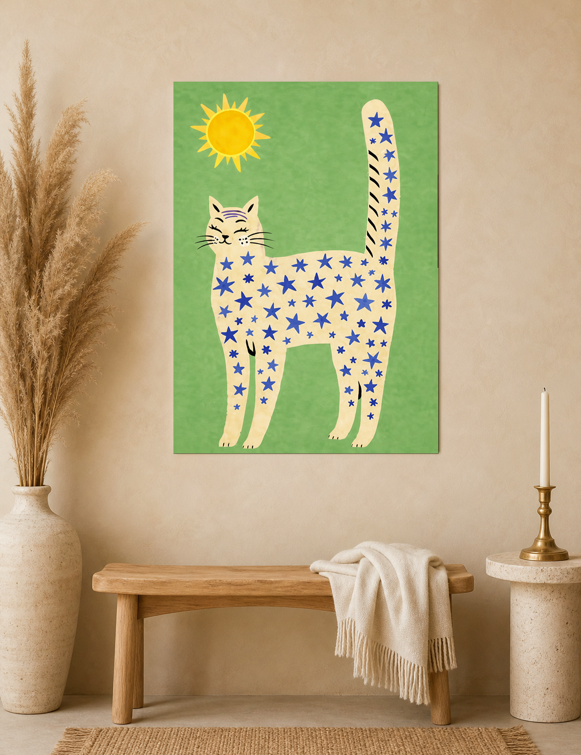 Whimsical Starry Cat Wall Art Print - unframed mockup