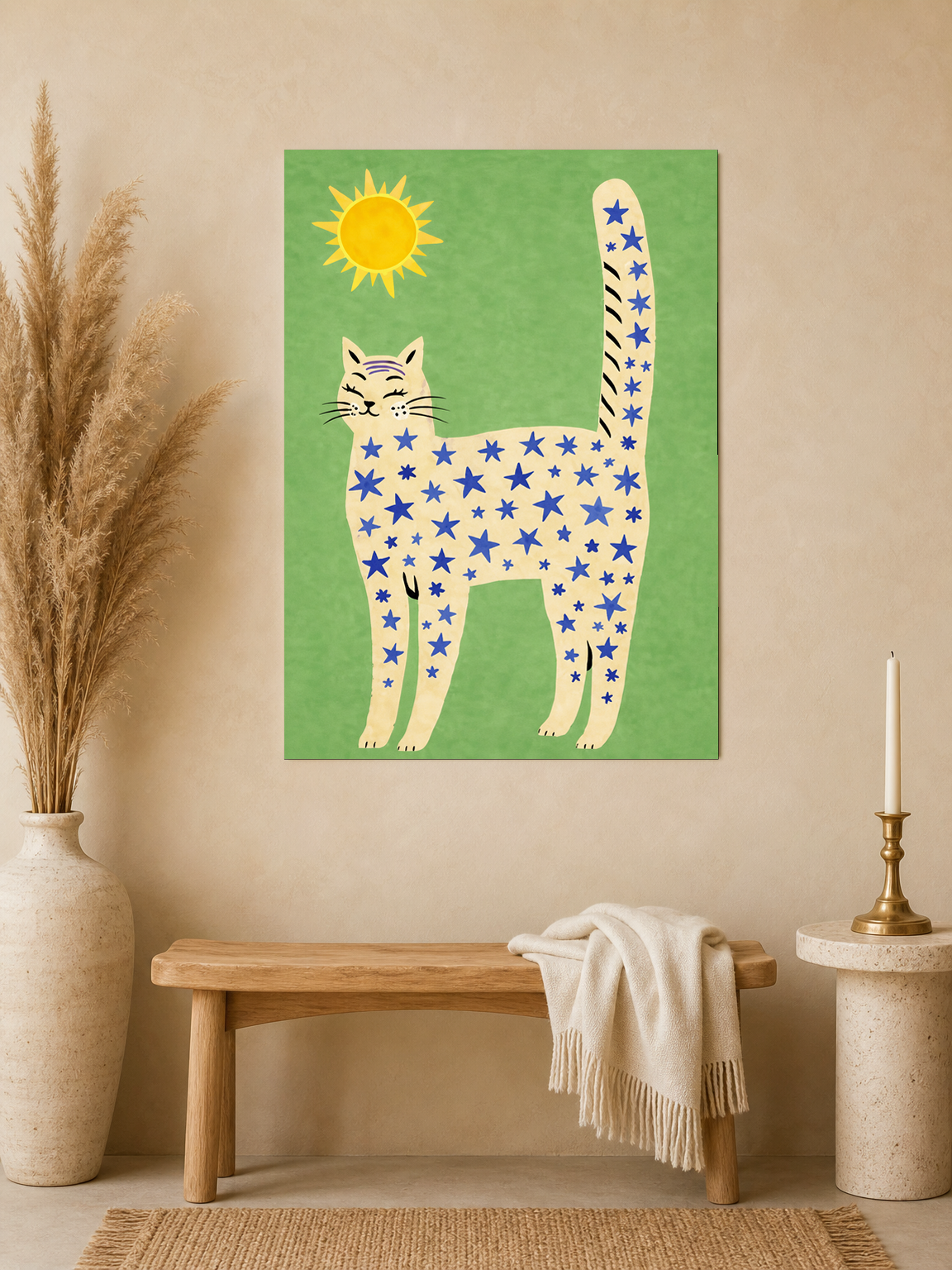 Whimsical Starry Cat Wall Art Print - unframed mockup
