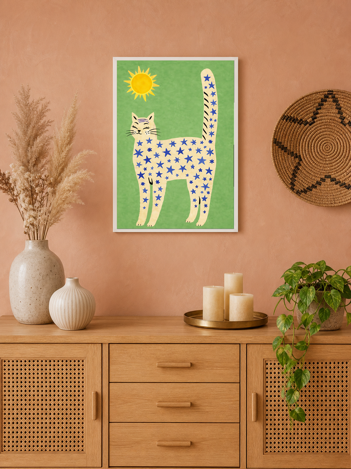 Whimsical Starry Cat Wall Art Print - white framed