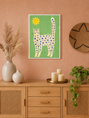 Whimsical Starry Cat Wall Art Print - white framed