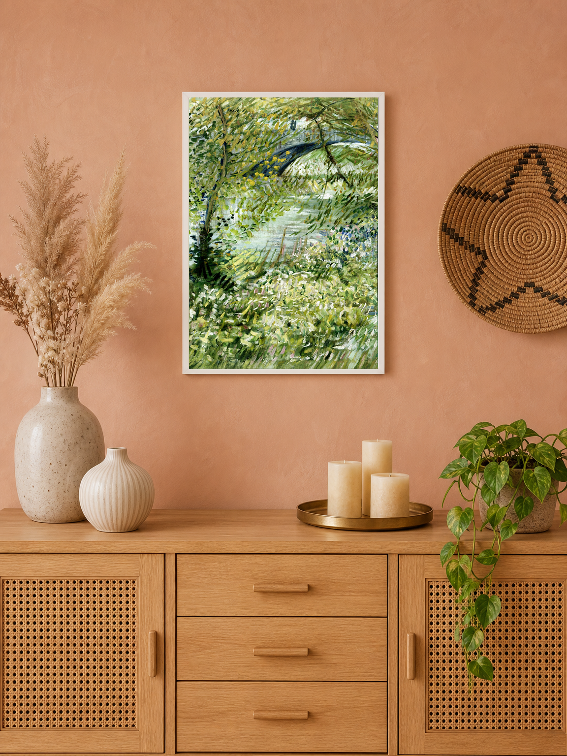 Lush Riverside Landscape Wall Art Print - white framed