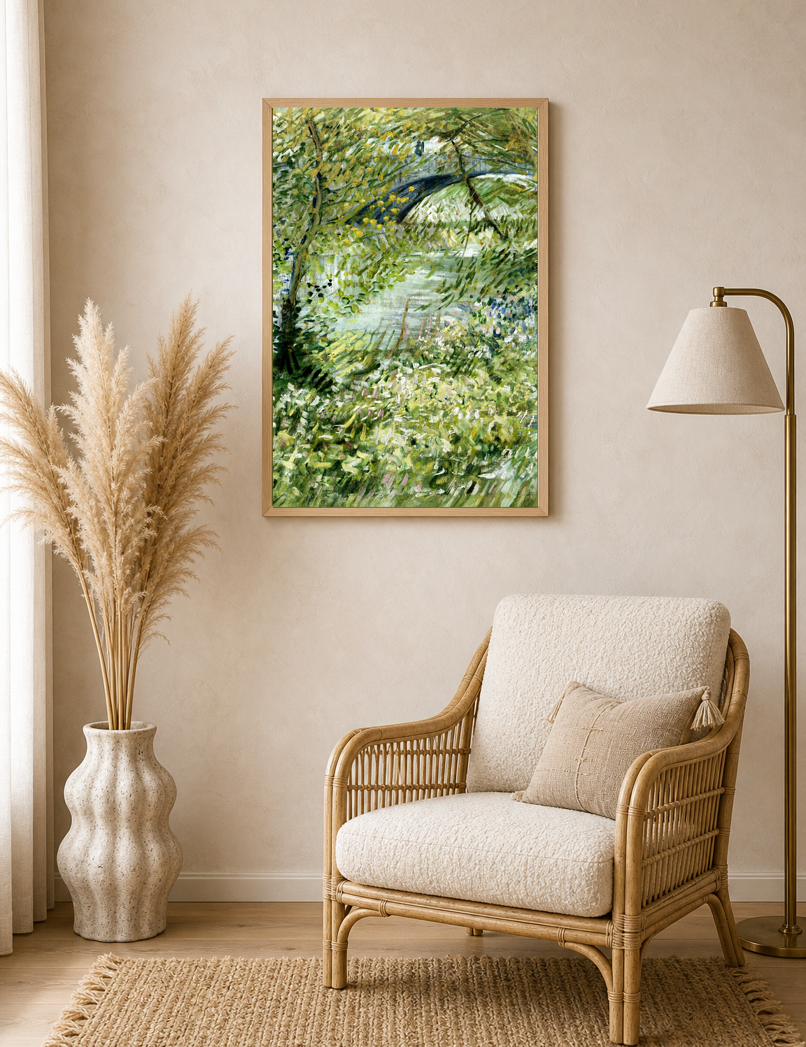Lush Riverside Landscape Wall Art Print - wood framed poster