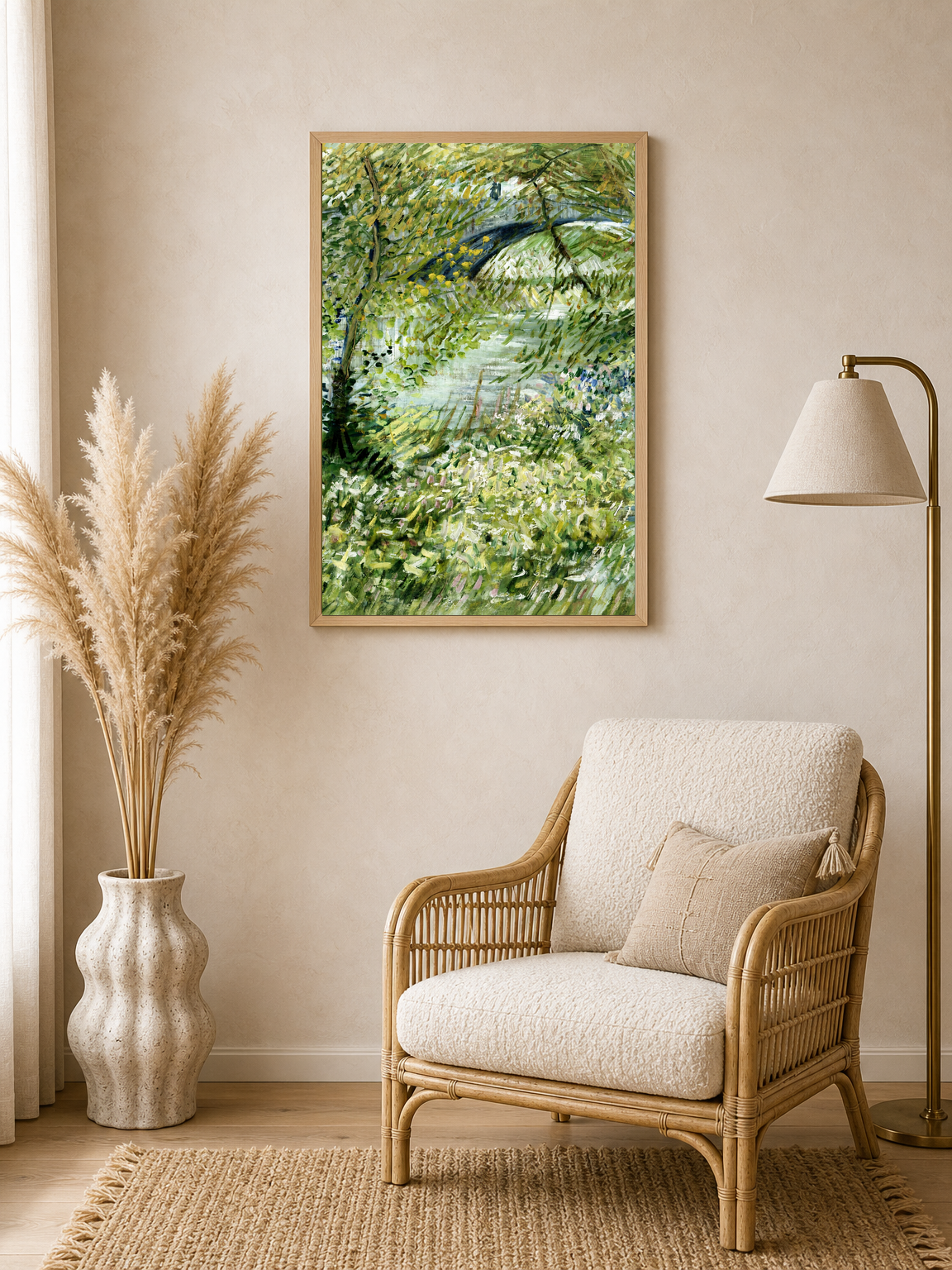 Lush Riverside Landscape Wall Art Print - wood framed poster