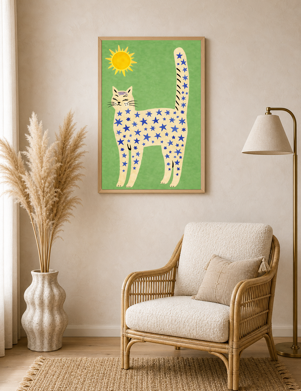 Whimsical Starry Cat Wall Art Print - wood framed poster