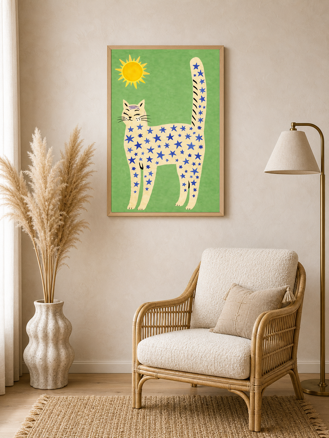 Whimsical Starry Cat Wall Art Print - wood framed poster