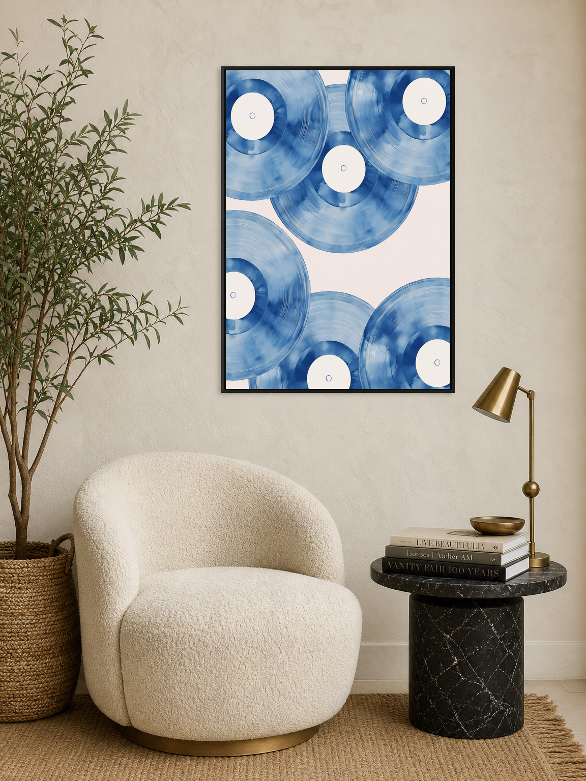 Blue Vinyl Records Wall Art Print - black framed