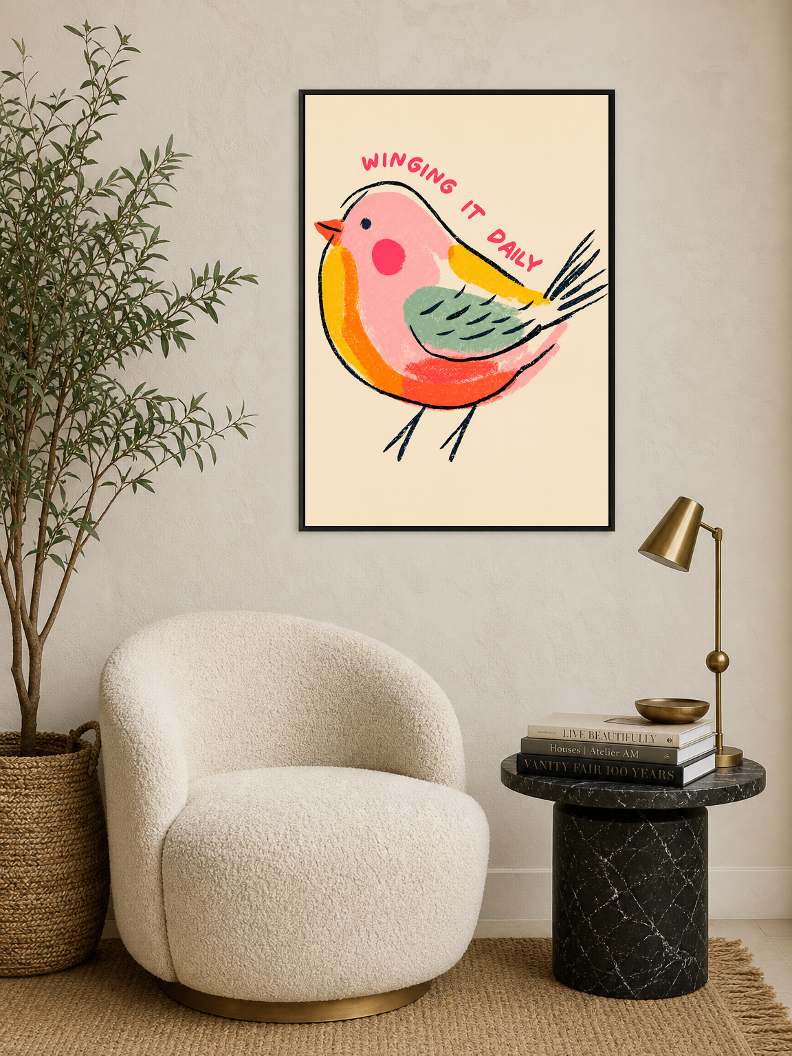 Winging It Daily Cute Bird Wall Art Print - black framed
