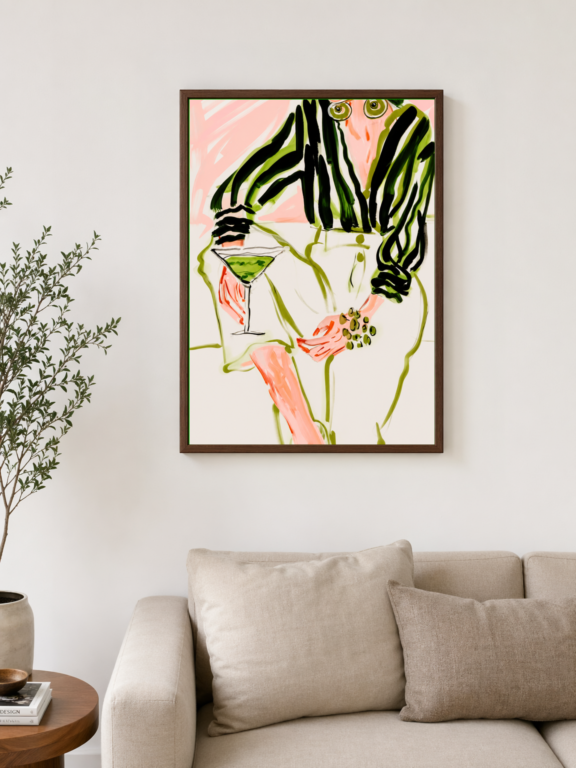 Abstract Woman with Martini Wall Art Print - dark wood framed