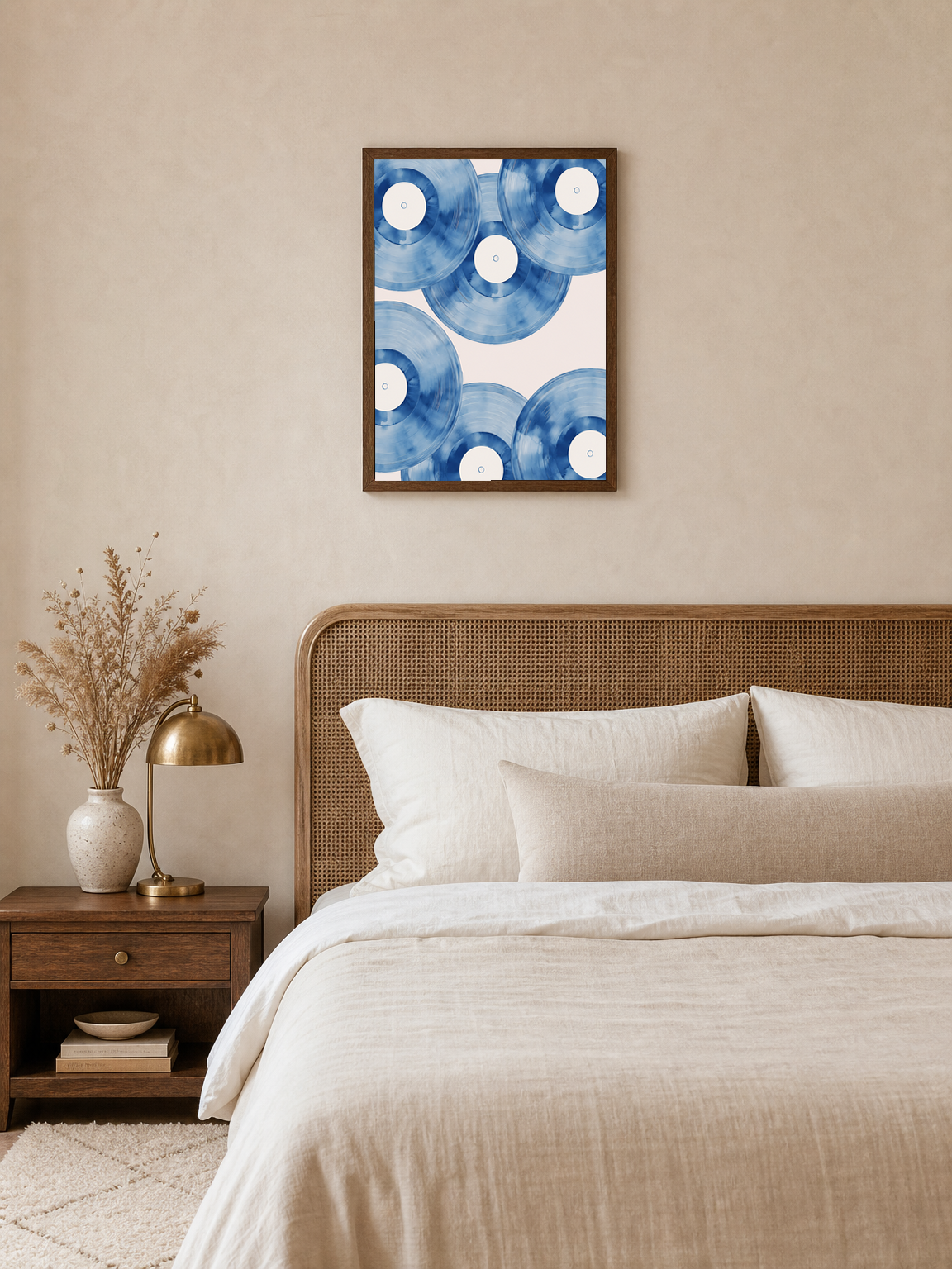 Blue Vinyl Records Wall Art Print - dark wood framed
