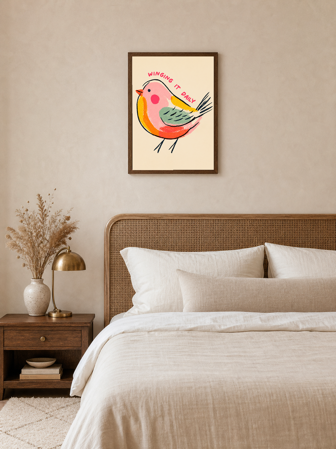 Winging It Daily Cute Bird Wall Art Print - dark wood framed