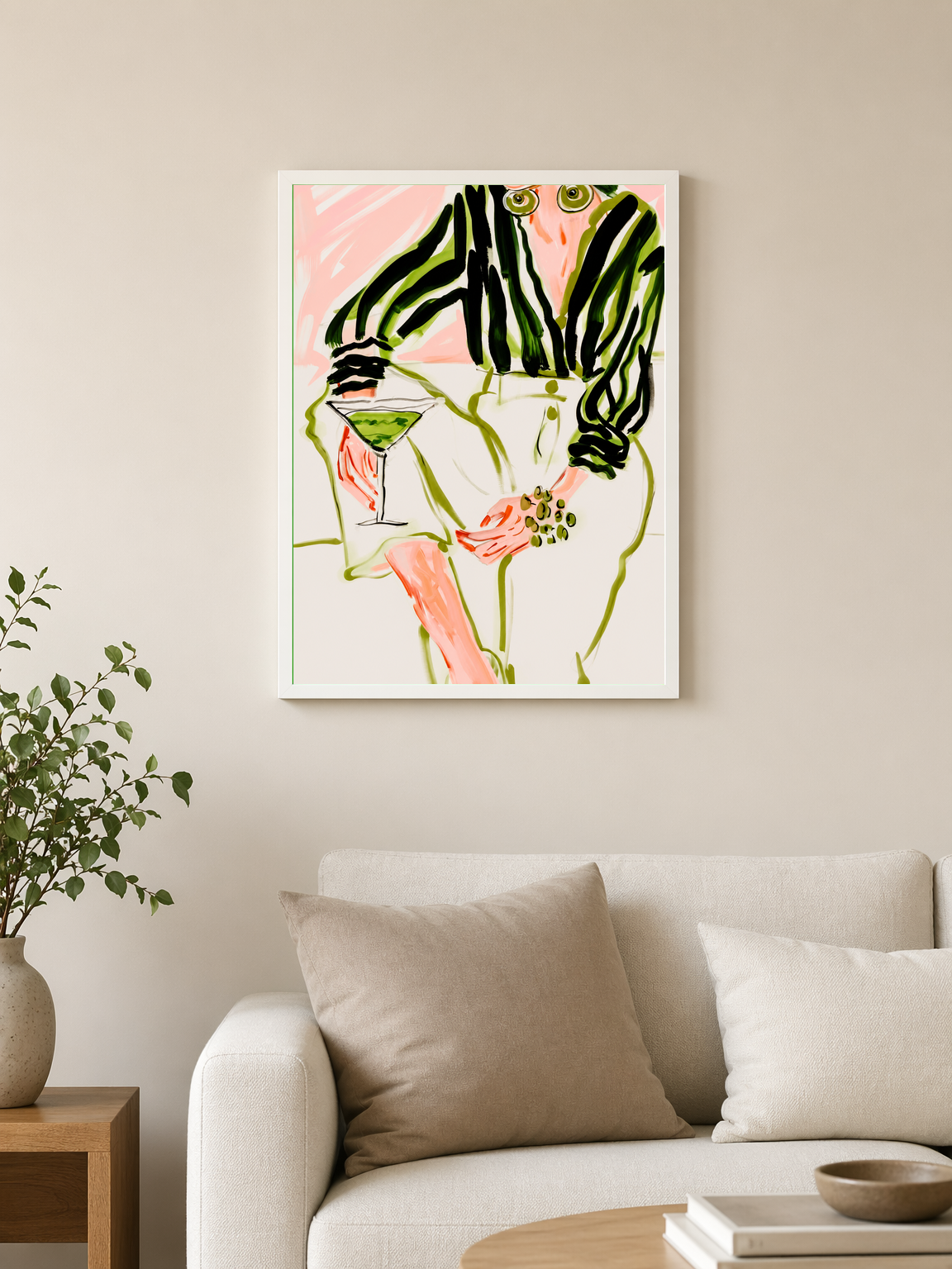 Abstract Woman with Martini Wall Art Print - white framed