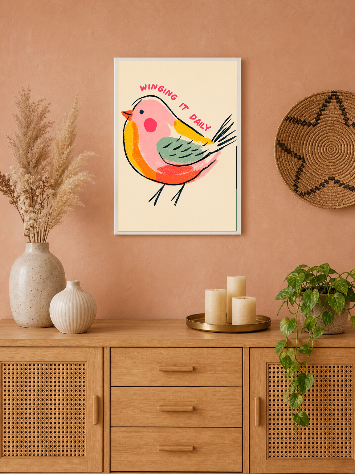 Winging It Daily Cute Bird Wall Art Print - white framed